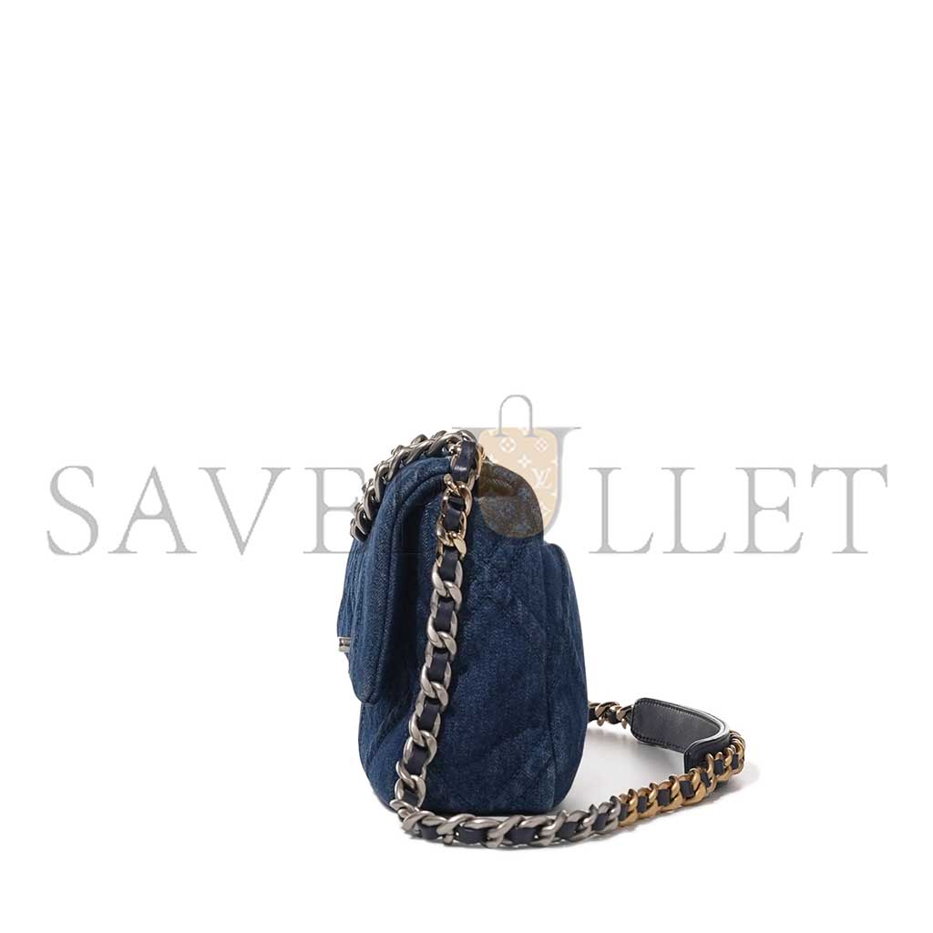 CHANEL BLUE QUILTED DENIM 19 FLAP BAG RUTHENIUM, BRUSHED GOLD AND PALE GOLD HARDWARE AS1160 (26*16*9cm)